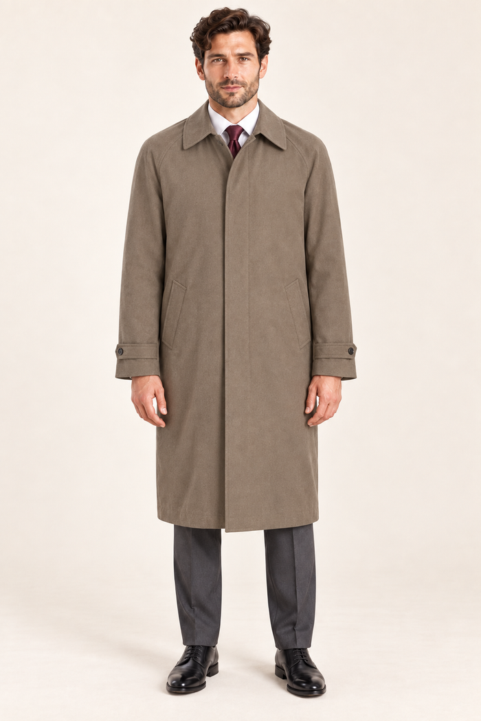 Portman — Men’s Taupe Long Raincoat — front model view