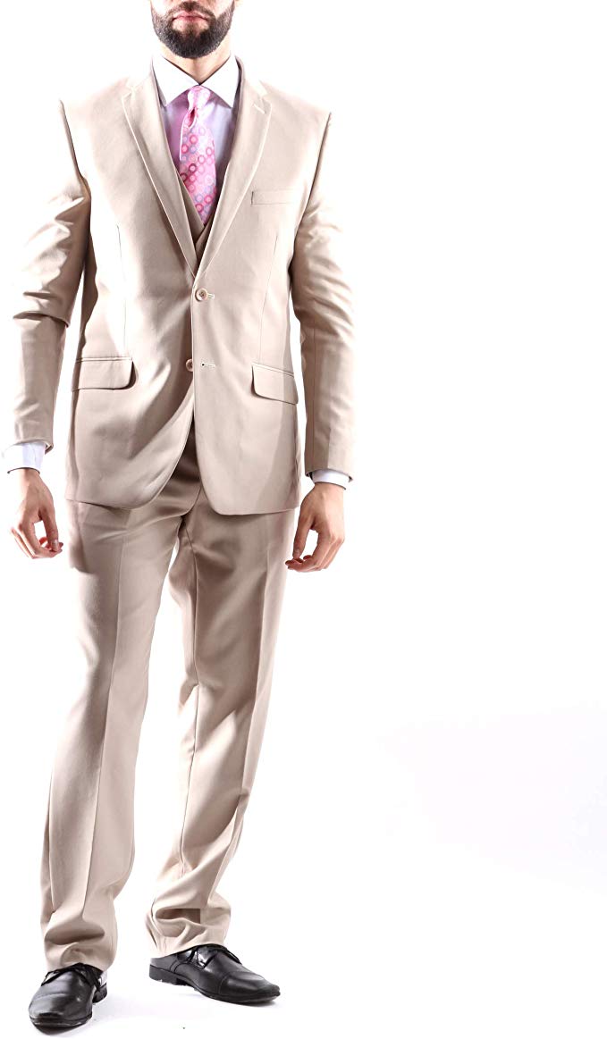 Creativo Men's Single Breasted 2 Button 3pc Vested Suit Slim Fit in Beige, Style CT601