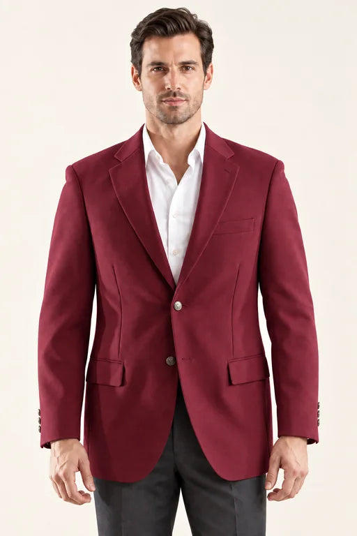 The Encore men’s burgundy two-button blazer, front view styled with a white shirt and charcoal trousers