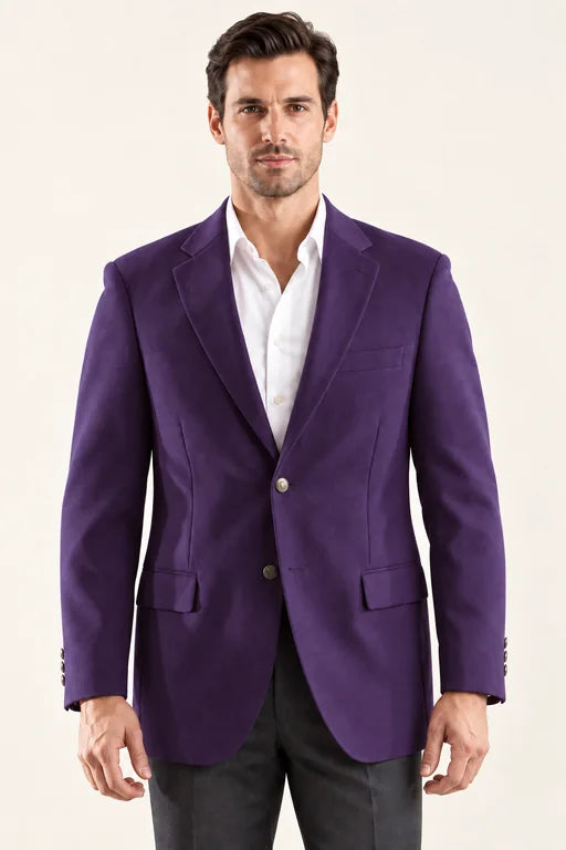 The Encore men’s eggplant two-button blazer, front view styled with a white shirt and charcoal trousers