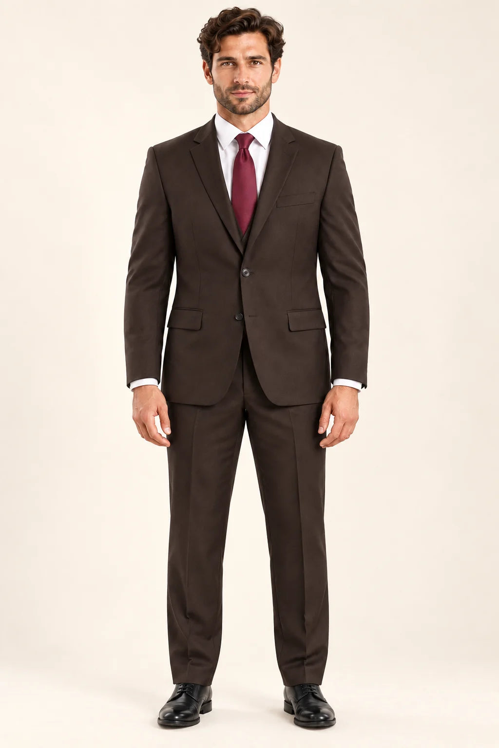 The Mercer men’s brown regular-fit two-piece suit, full-length front view