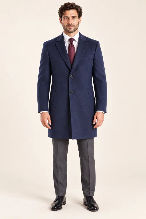 The Langford men’s navy topcoat, front model view