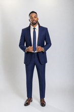 Load image into Gallery viewer, Mayfair men’s navy regular-fit sharkskin wool suit — view 2