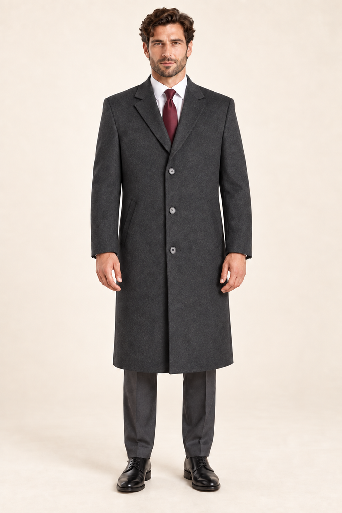 Ashford — Men’s Charcoal Wool-Blend Topcoat — front model view