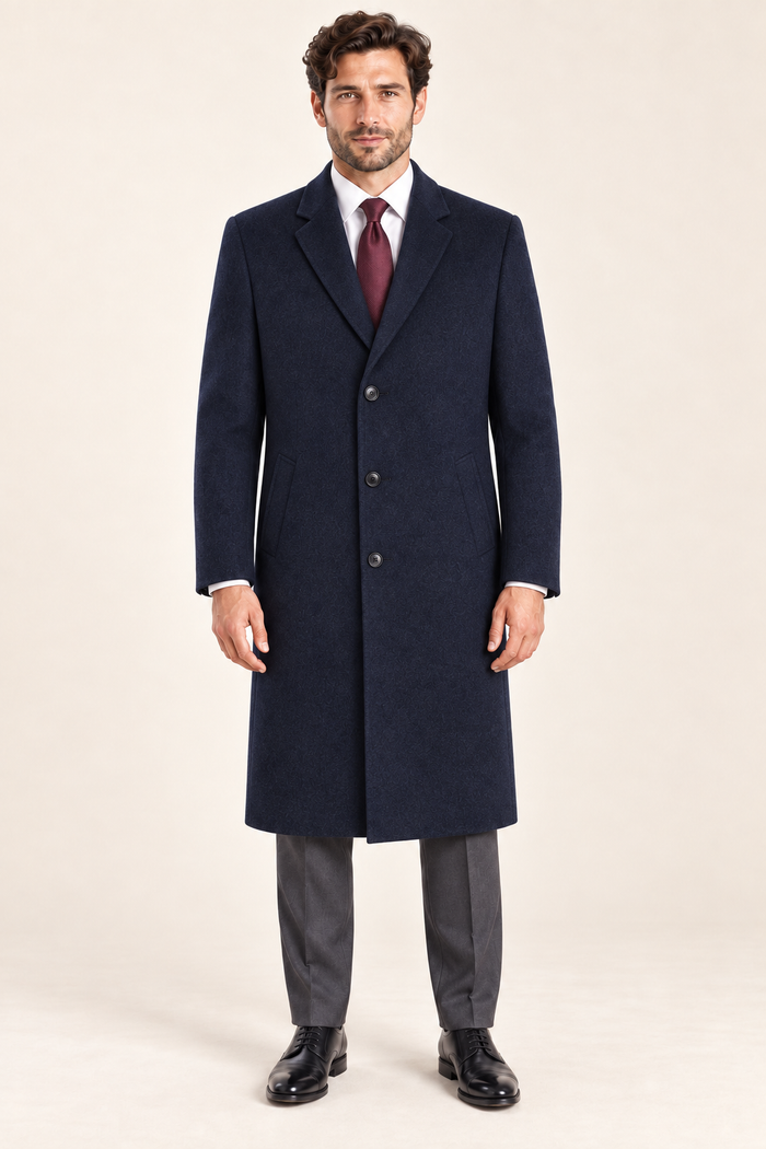 Ashford — Men’s Navy Wool-Blend Topcoat — front model view