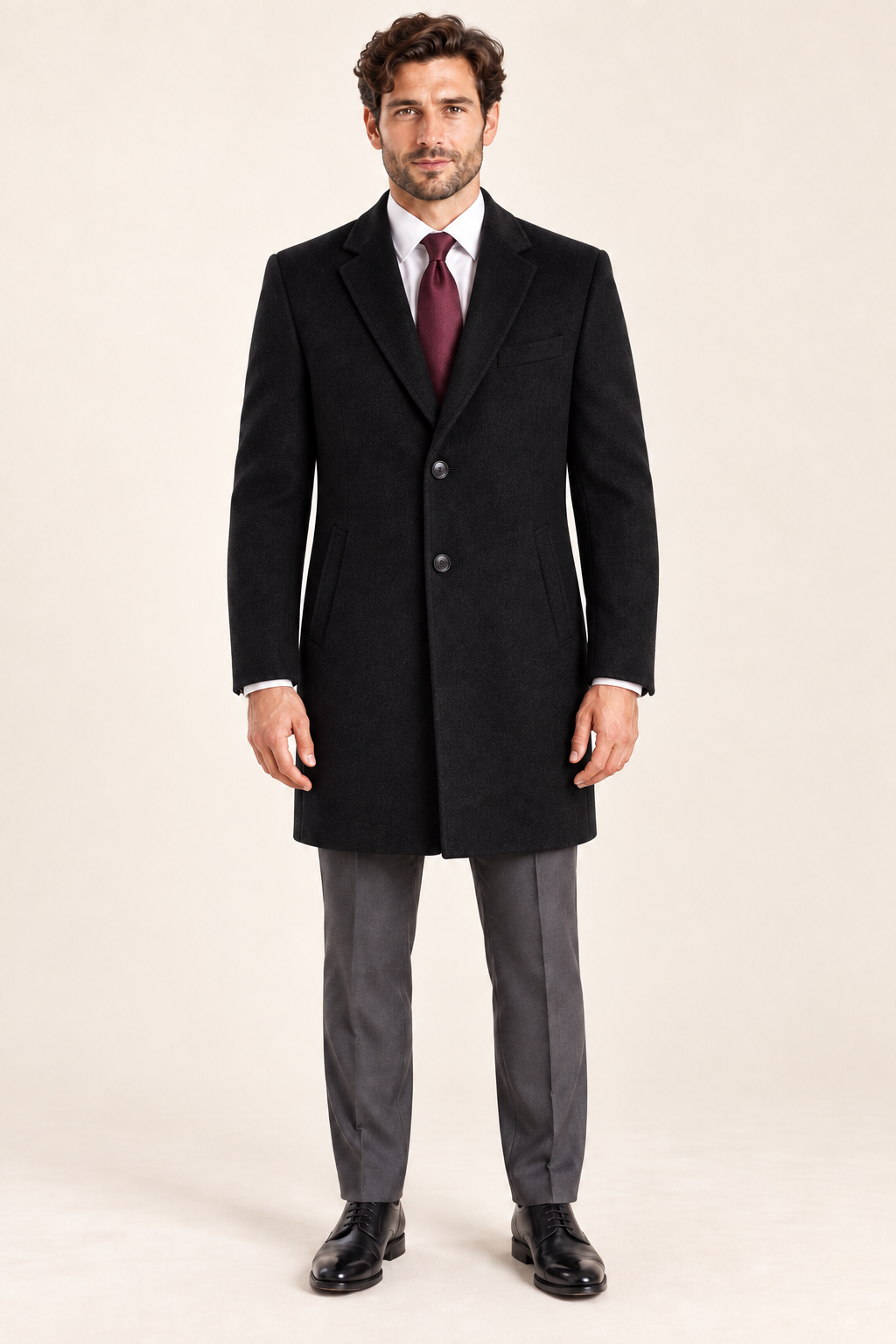 Langford — Men’s Black Three-Quarter Topcoat — front model view