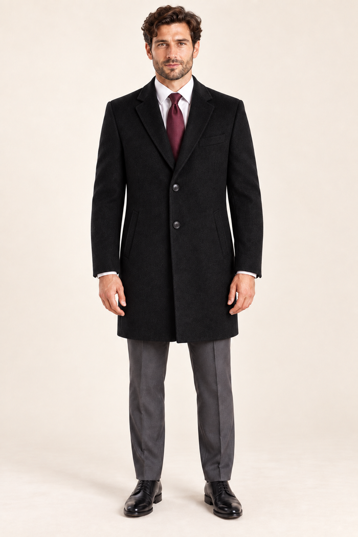 Langford — Men’s Black Three-Quarter Topcoat — front model view