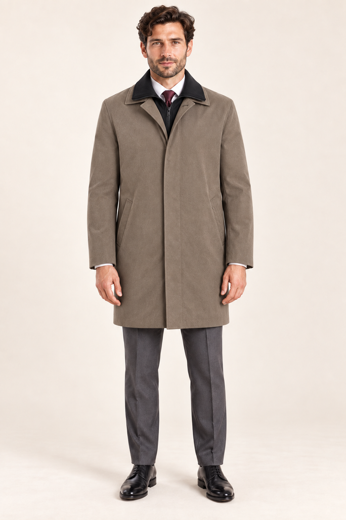 Harbor — Men’s Taupe Three-Quarter Raincoat — front model view