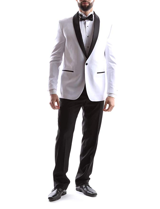 Bellio Men's Single Breasted 2 Button Shawl Lapel Slim Fit Tuxedo 2pc Suit in White, Style BL301