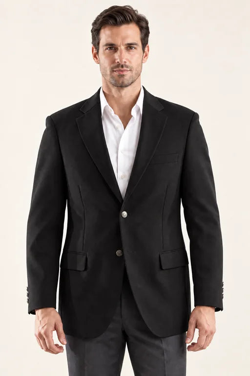 The Encore men’s black two-button blazer, front view styled with a white shirt and charcoal trousers