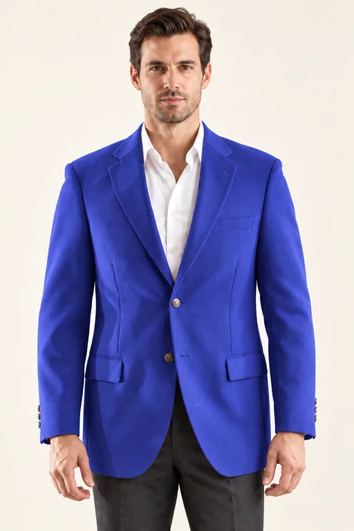 The Encore men’s blue two-button blazer, front view styled with a white shirt and charcoal trousers