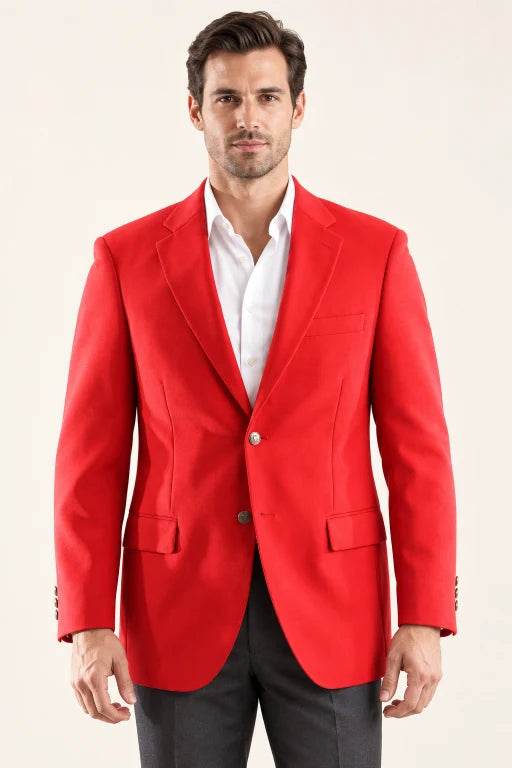 The Encore men’s red two-button blazer, front view styled with a white shirt and charcoal trousers