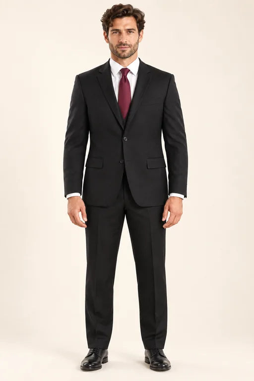 The Mercer men’s black regular-fit two-piece suit, full-length front view