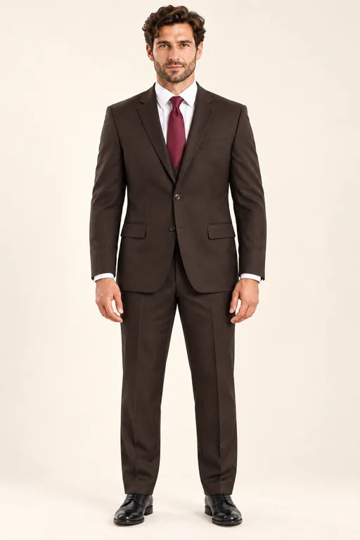 The Mercer men’s brown regular-fit two-piece suit, full-length front view