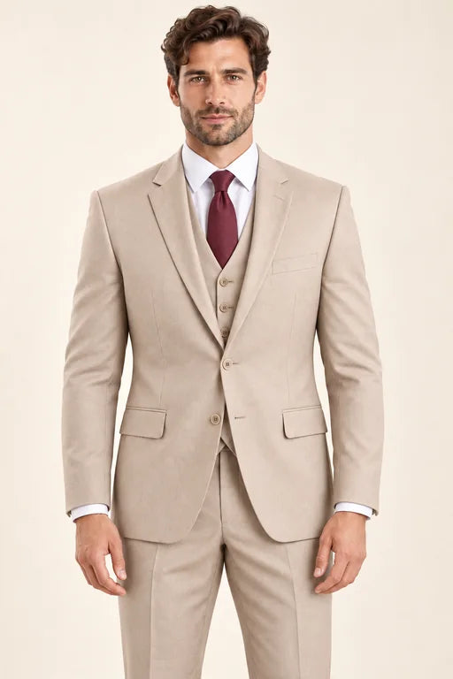 The Regent men’s beige classic-fit three-piece suit with matching vest, front view