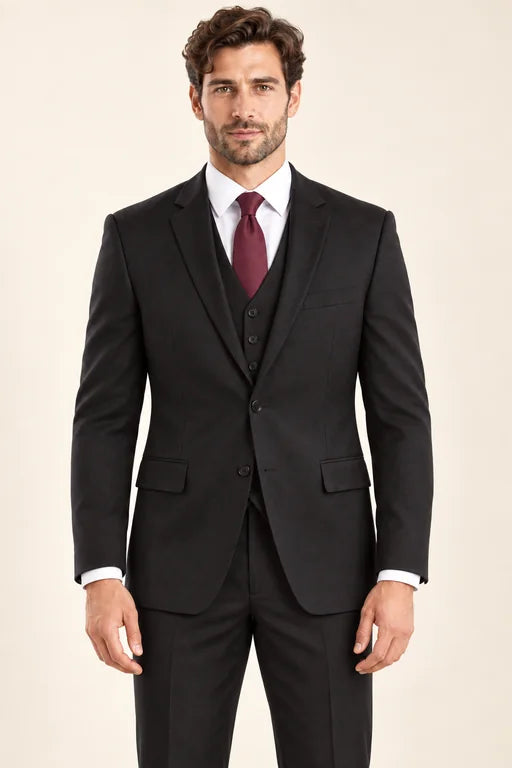 The Regent men’s black classic-fit three-piece suit with matching vest, front view