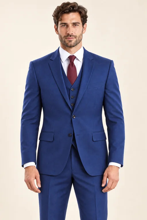 The Regent men’s indigo classic-fit three-piece suit with matching vest, front view