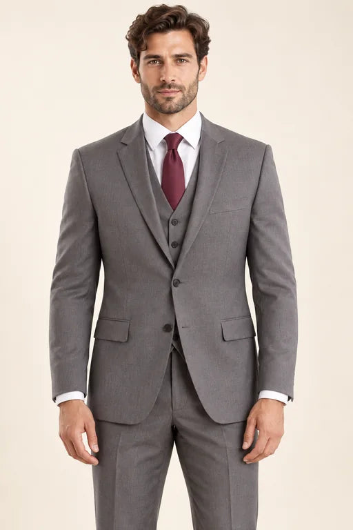 The Regent men’s medium gray classic-fit three-piece suit with matching vest, front view