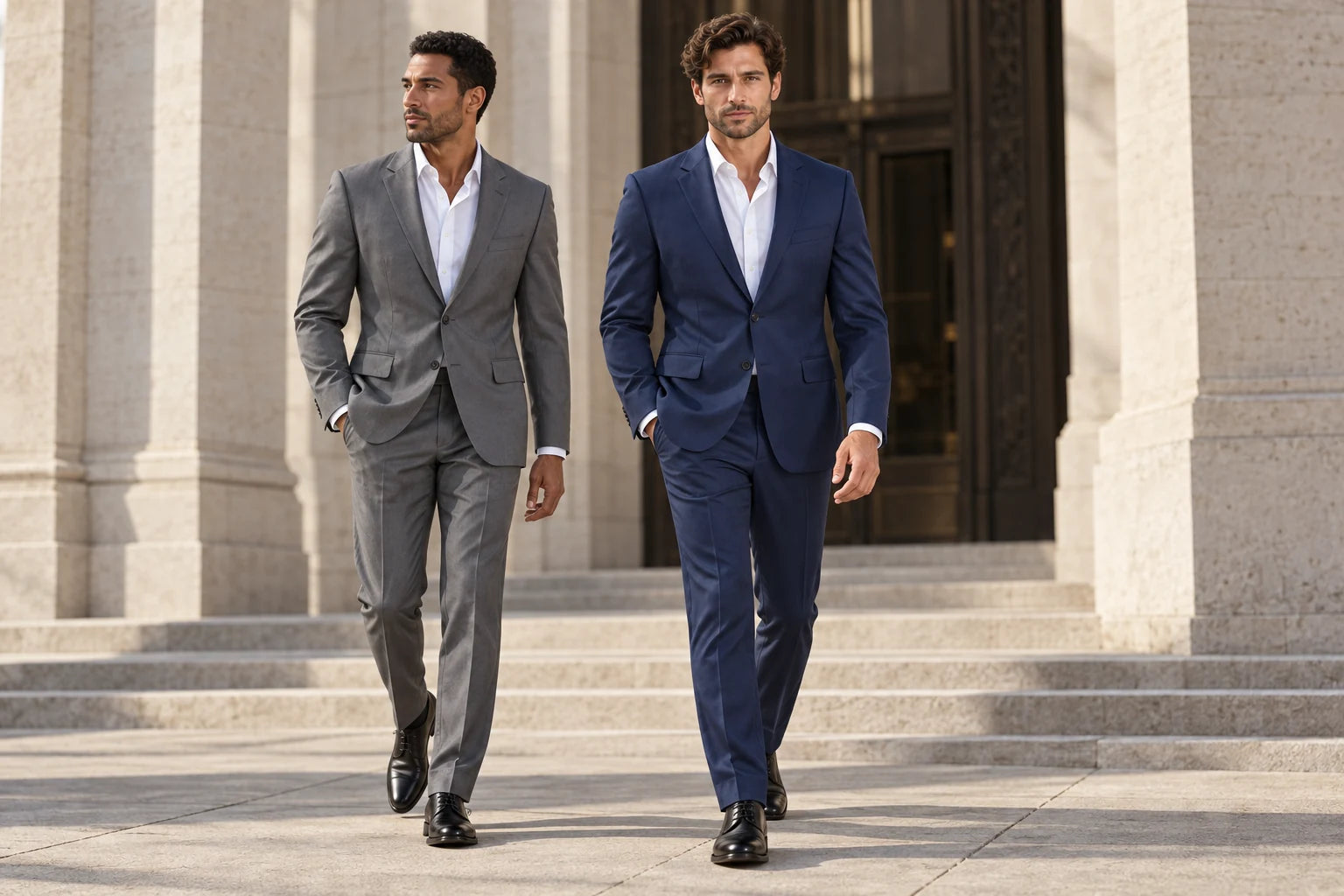 Two men in gray and midnight blue suits outside a stone city building.