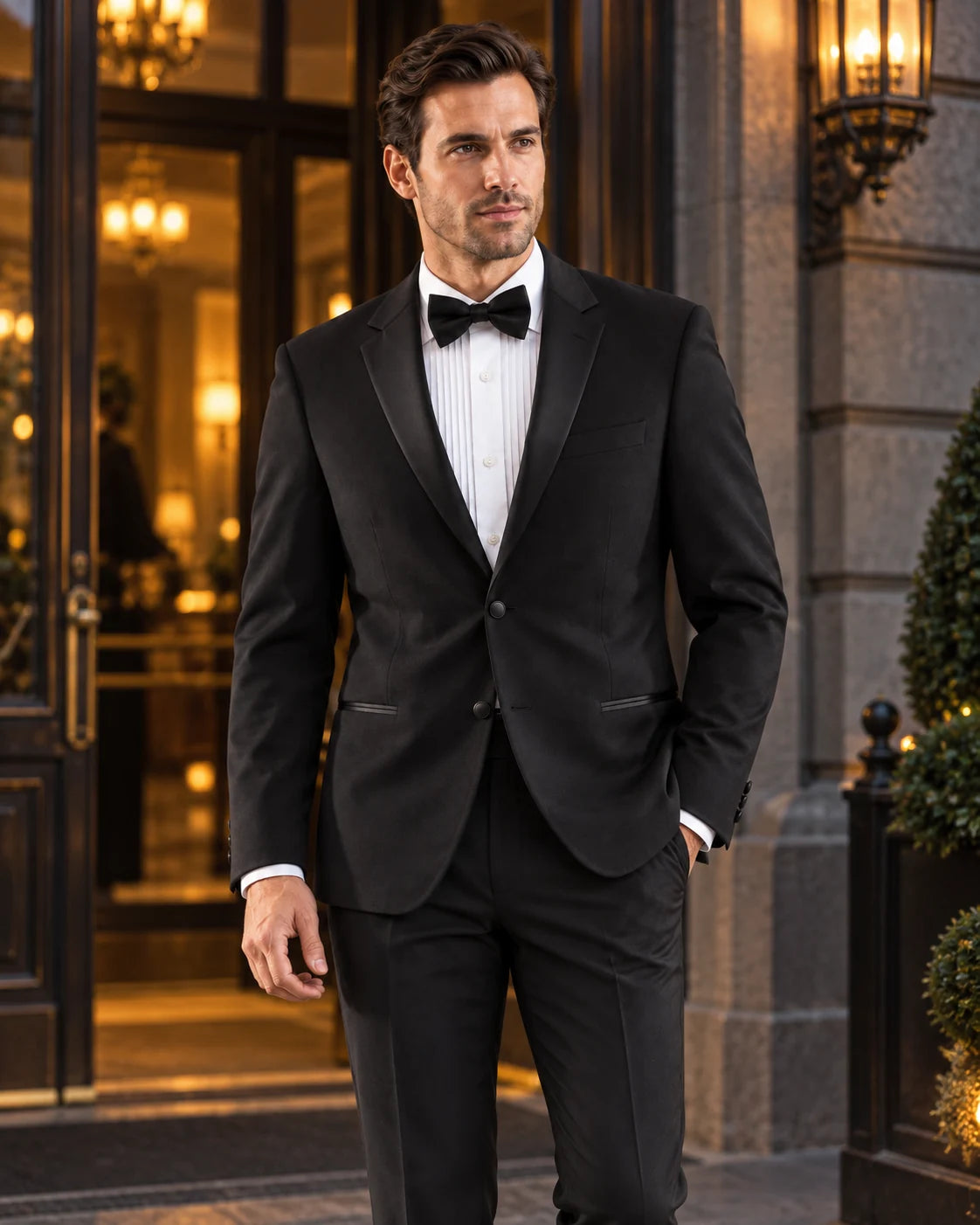 A man in the black Nocturne tuxedo outside an illuminated hotel entrance.
