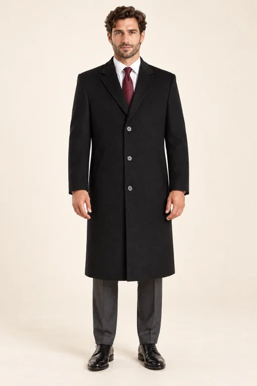 The Ashford men’s black topcoat, front model view