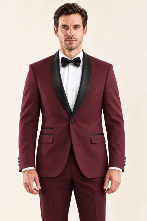 The Riviera men’s burgundy tuxedo, front view with black satin shawl lapels and matching burgundy trousers