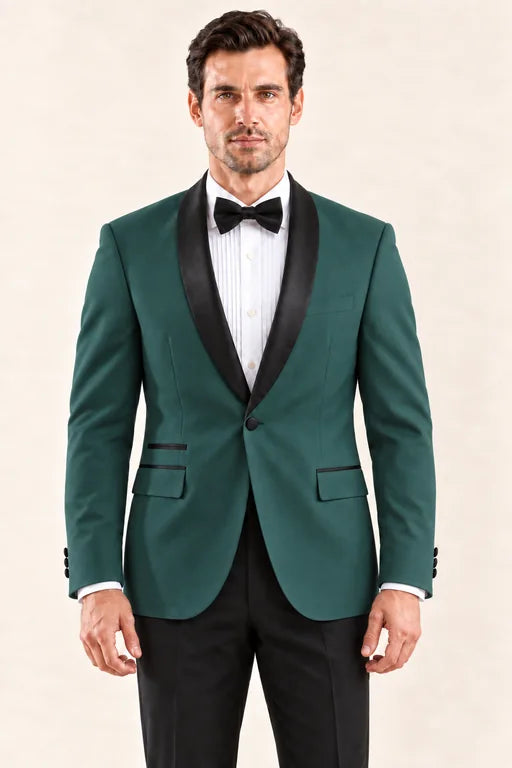 The Riviera men’s hunter green tuxedo, front view with black satin shawl lapels and black trousers