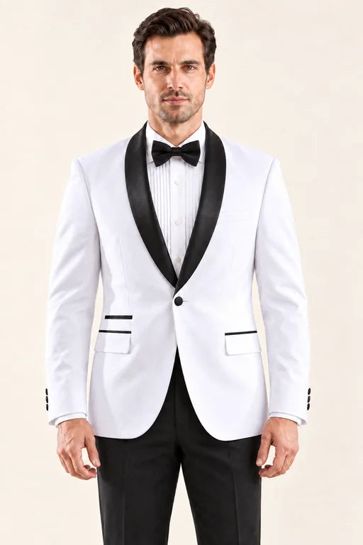 The Riviera men’s white and black tuxedo, front view with black satin shawl lapels and black trousers
